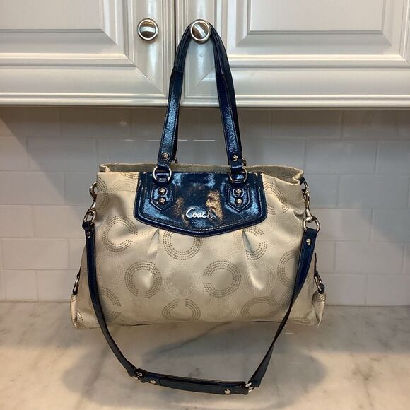 Coach Ashley Dotted OpArt Tan /Navy Blue Canvas/Patent Leather Carry All Satchel - Picture 1 of 14